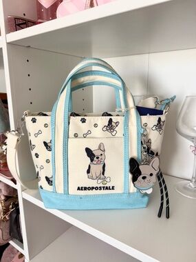 Aeropostale Cream & Light Blue French Bulldog Canvas Mini Tote